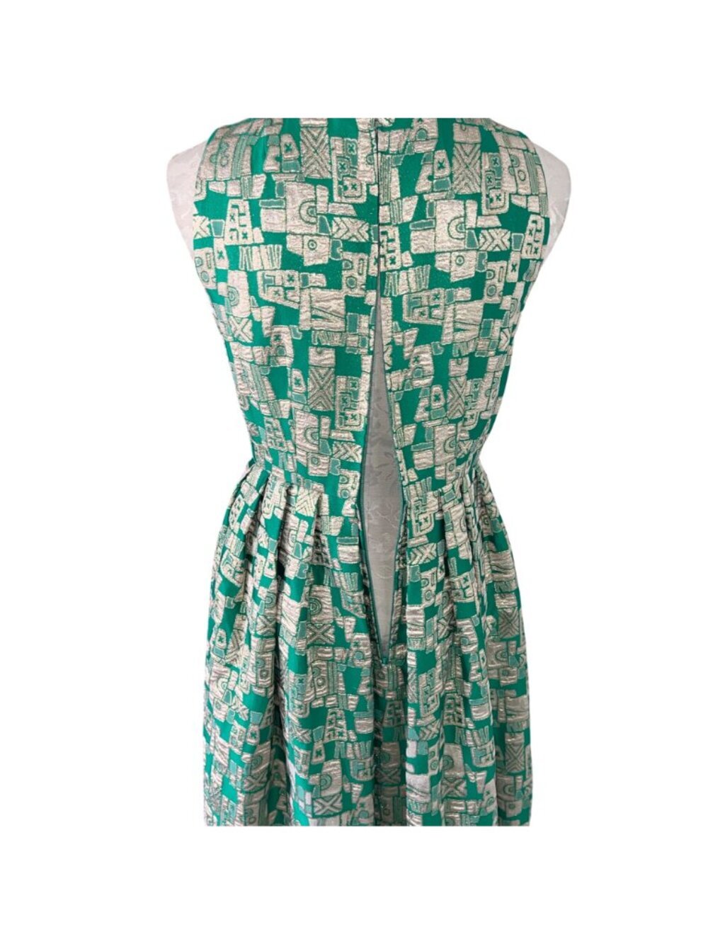 Vintage Womens Pleated Maxi Dress Size Small Green Gold Geometric Print Casual - Picture 10 of 16